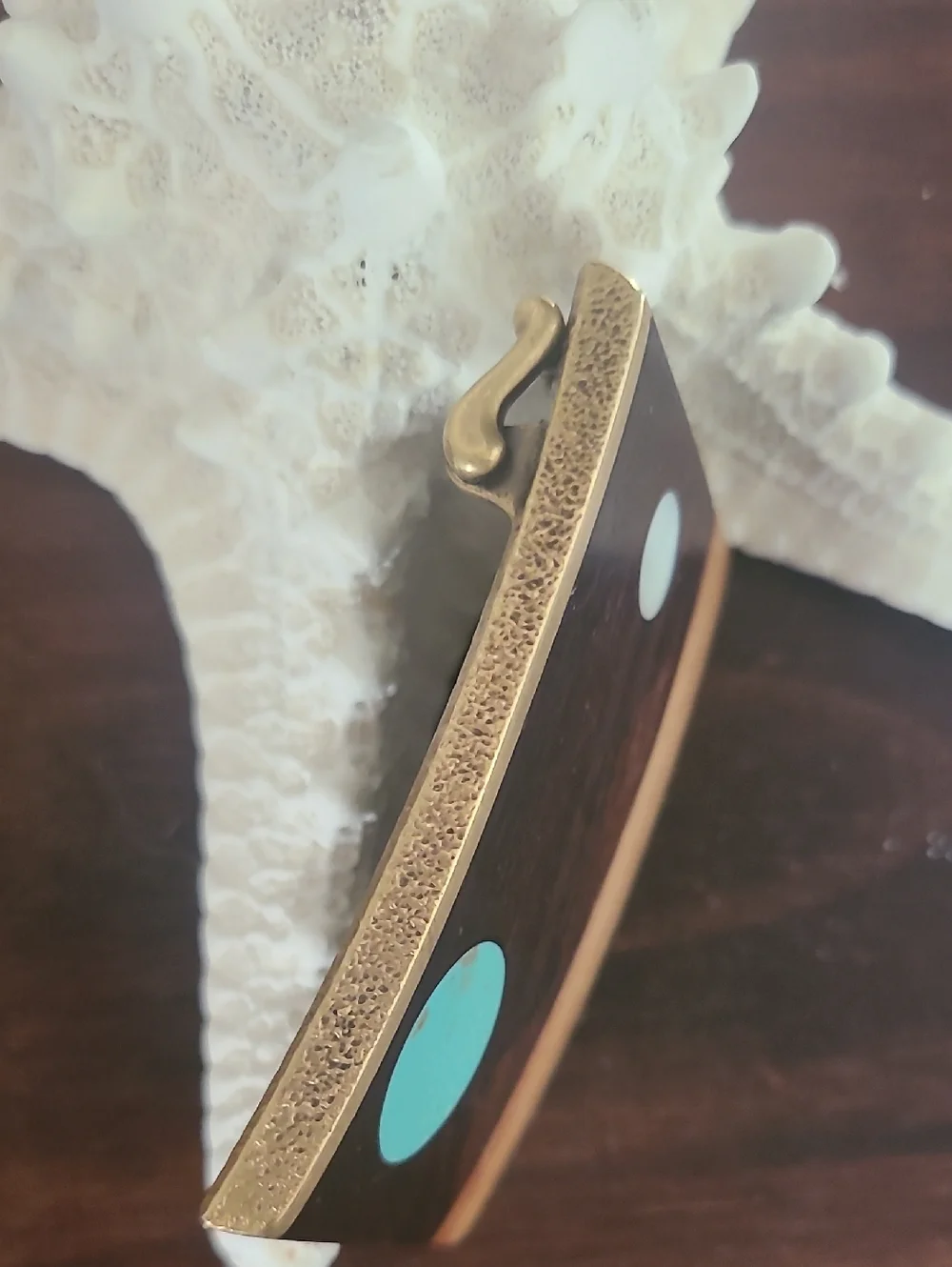 Vintage 70's-80's Turquoise & Mother Of Pearl Wood & Brass Belt Buckle - Picture 4 of 8